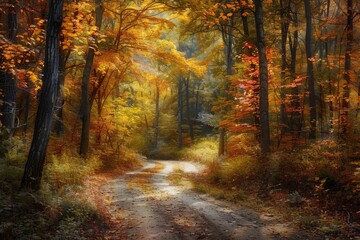 Winding trail through a forest ablaze with vibrant autumn foliage