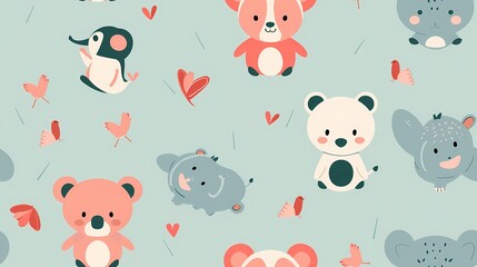 Fototapeta premium Cute animal patterns with playful hearts and birds on a pastel background