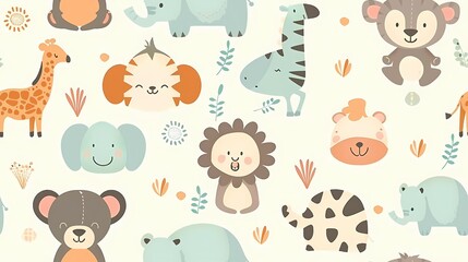Cute cartoon safari animals seamless pattern