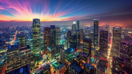 Dramatic urban skylines at twilight or nightfall, with illuminated skyscrapers, streaks of colorful lights against the darkening sky