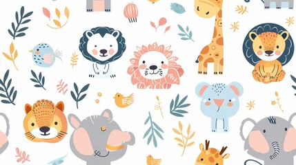 Cute whimsical jungle animals and plants pattern