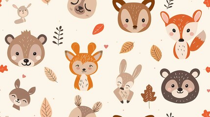 Cute woodland creatures pattern with leaves and twigs