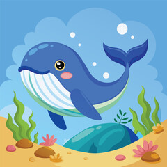 Obraz premium Cute Blue Whale Swimming Cartoon Vector Icon Illustration Animal Nature Icon Isolated Flat Vector