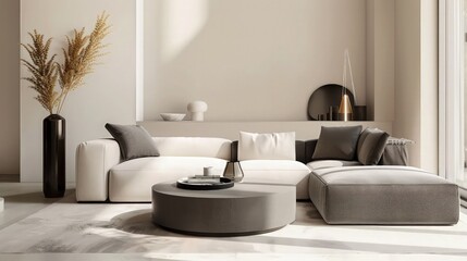 Fototapeta premium Minimalist soft fabric sofa placed alongside a tall floor vase adds warmth to this serene contemporary living space which features a solid light wall backdrop.