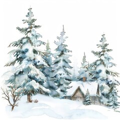 Obraz premium Watercolor painting of a serene winter wonderland with snow-covered trees and a cozy cabin, on isolated white background, Generative AI