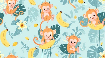 Playful monkeys among bananas and leaves