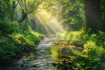 A tranquil forest stream winding through a sun-dappled glade alive with magical energy