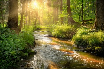 Obraz premium A tranquil forest stream winding through a sun-dappled glade alive with magical energy