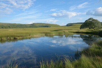 A tranquil marshland teeming with birdlife and reflected in still waters