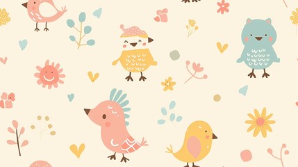 Whimsical birds and floral patterns in a pastel backdrop