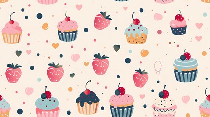 Whimsical pattern of cupcakes and strawberries on a pastel background