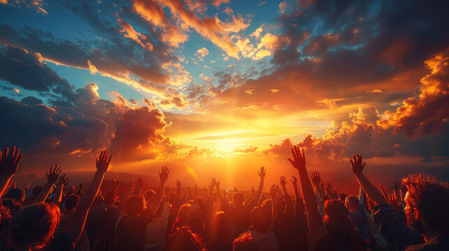 Hands to heaven, group of people with their hands up looking at the sunset,generative ai