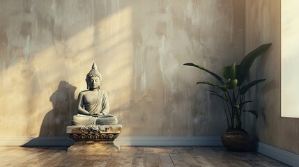 Peaceful corner with a Buddha statue placed on a pedestal against a blank backdrop