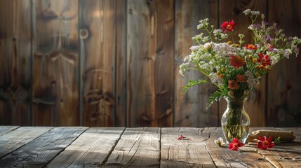 Copy space background with a rustic wooden table adorned with a vase of fresh flowers