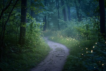 Fototapeta premium An enchanted forest pathway illuminated by the soft glow of fireflies