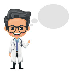 Cartoon doctor character with a stethoscope thinking with space for text for advertising, presentations, brochures. Health and medicine concept. Research, science and technology in health