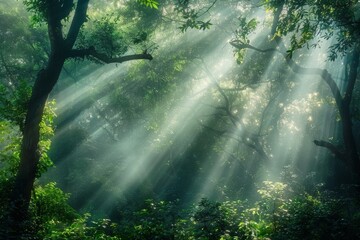 Fototapeta premium An enchanted forest scene with shafts of sunlight breaking through the dense canopy