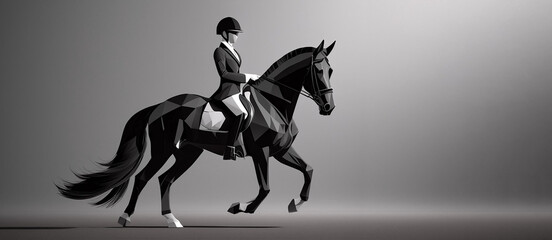 equestrian dressage low poly black horse riding with gray blank space