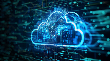  cloud technology concept with digital data and cloud icon on blue background, online storage system, history information, data connection, internet network, cyber security