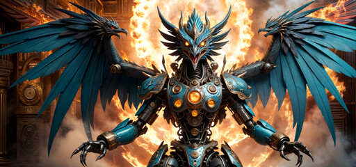 full body robot style Garuda facing the camera spreading its wings, around the Garuda bird there are two dragons in the style of spitting fire