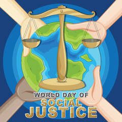 Illustration of scales, Earth, and hands promoting justice