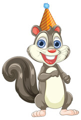Cartoon squirrel celebrating with a colorful hat