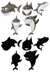 Various cartoon sharks with cheerful expressions