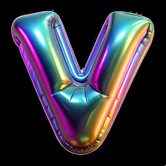 letter V made with foil holographic birthday balloon, white background
