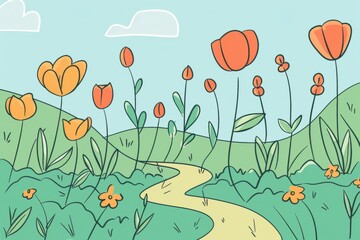 Cartoon cute doodles of a minimalist garden scene with simple flower shapes and a winding path through the grass, Generative AI