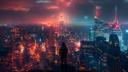 Obraz premium The dark knight watching over the city from the rooftop.