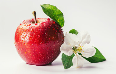 Close-up of red apple with leaf, flower on light background. Tasty fruit concept.