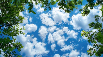 Fototapeta premium Capturing the breathtaking beauty of fluffy clouds against a backdrop of a clear blue sky intertwined with the lush branches of green leaves this nature photograph embodies the essence of a