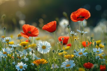 Obraz premium Vibrant Wildflowers Dance in Sunny Meadow