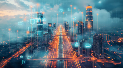 Obraz premium The city of the future with skyscrapers touching the skies and flying cars.