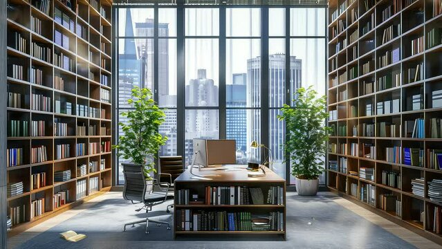 Animation library with big window. seamless 4k video looping background. generated with ai