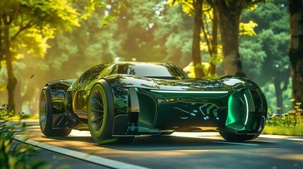 Front view of a hydrogen fuel cell vehicle, driving the green revolution, futuristic tone, Analogous Color Scheme AI Generated
