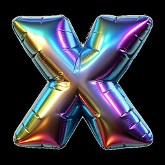 letter X made with foil holographic birthday balloon, white background
