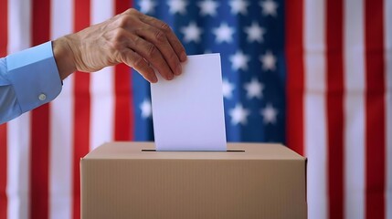 a democratic process in action, focusing on a close-up of a hand casting a ballot into a simple cardboard voting box.