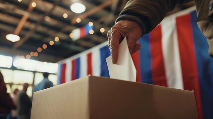 a democratic process in action, focusing on a close-up of a hand casting a ballot into a simple cardboard voting box.