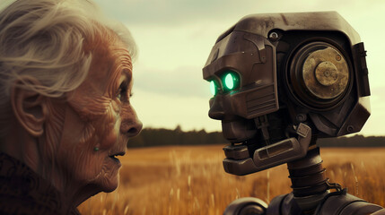 Fototapeta premium A robot with green eyes talking to an elderly woman in the field