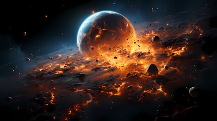 Fototapeta premium Digital blue and orange broken planet poster background