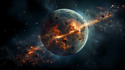 Digital blue and orange broken planet poster background