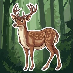 A deer illustration in normal colors as a sticker with a white outline on a forest background without any shadow or gradient.