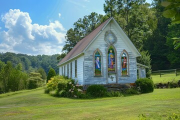 A quaint countryside church with simple stained glass windows depicting pastoral scenes and rural life, blending harmoniously with, Generative AI
