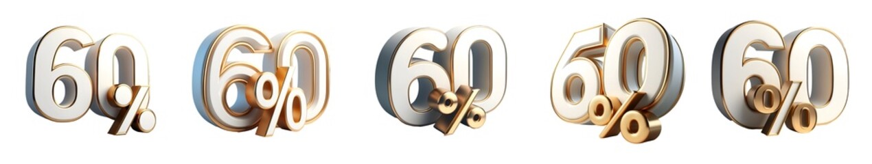 3d White and Gold text, 60% off isolated on white and transparent background. 60 percent discount or offer. Sales concept.