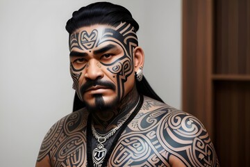  a portrait of a maori man, 40s, moko facial tattoo. gang member