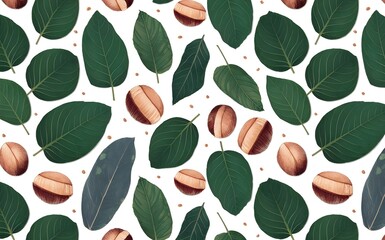 Eucalyptus tree leaves and gum nuts pattern. Isolated white background