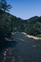 Beautiful sunrise in mountains with white fog below panorama