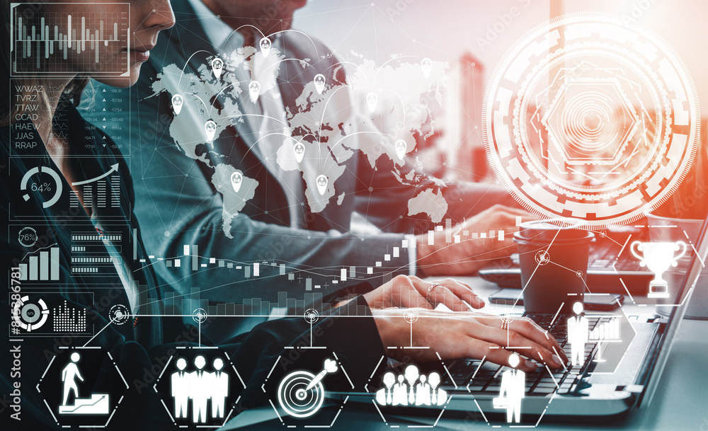 Poster data analysis for business and finance concept. interface showing future computer technology of prof