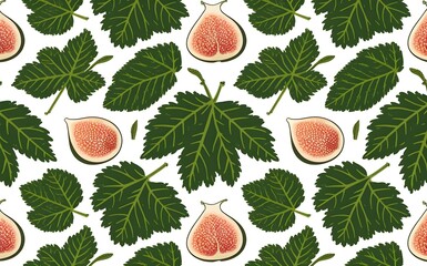 Fig tree leaves and fruits pattern. Isolated white background